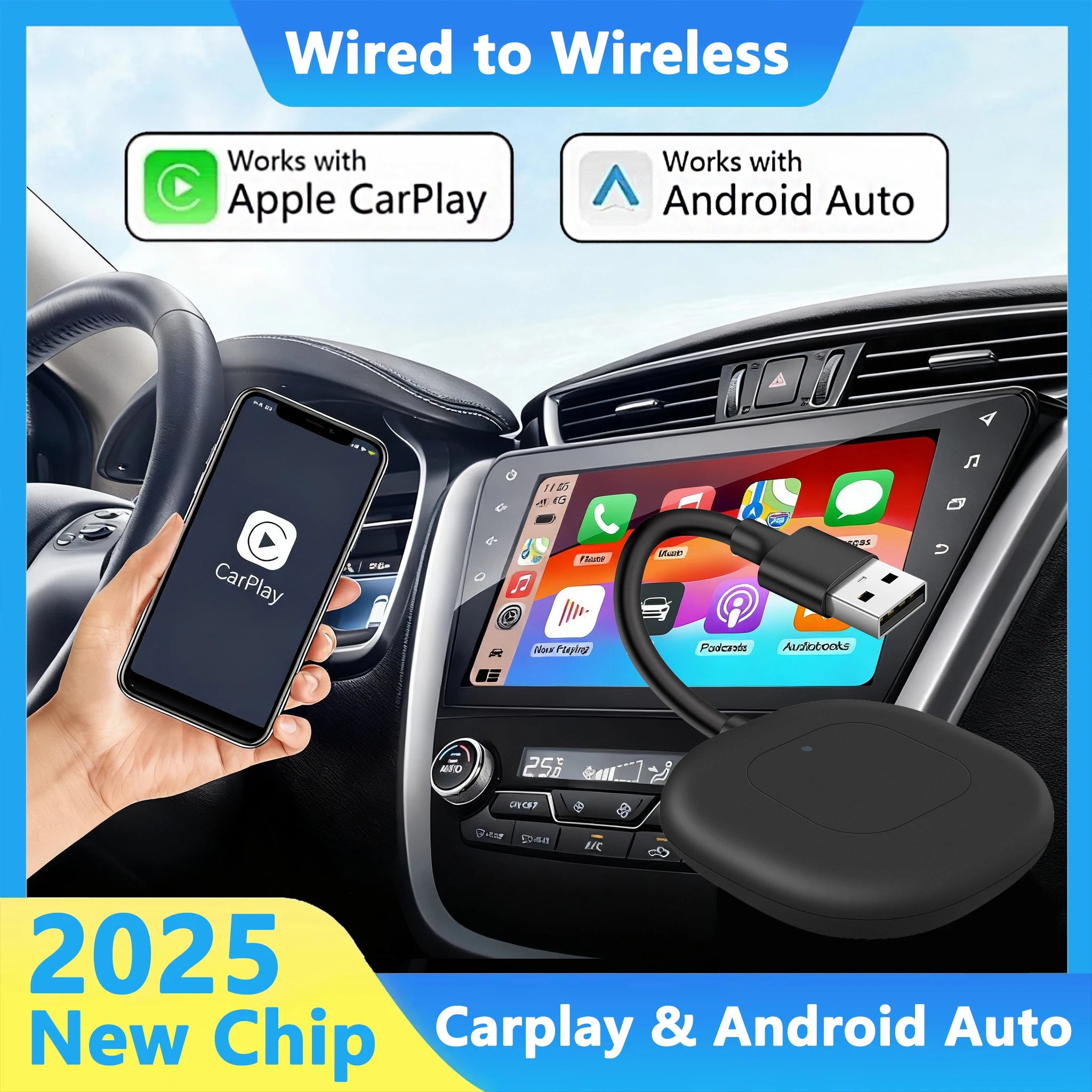 2-in-1 Wireless CarPlay Android Auto Adapter USB Dongle with Short Cable Zero Space Occupation Fits for 99% Factory Wired Cars