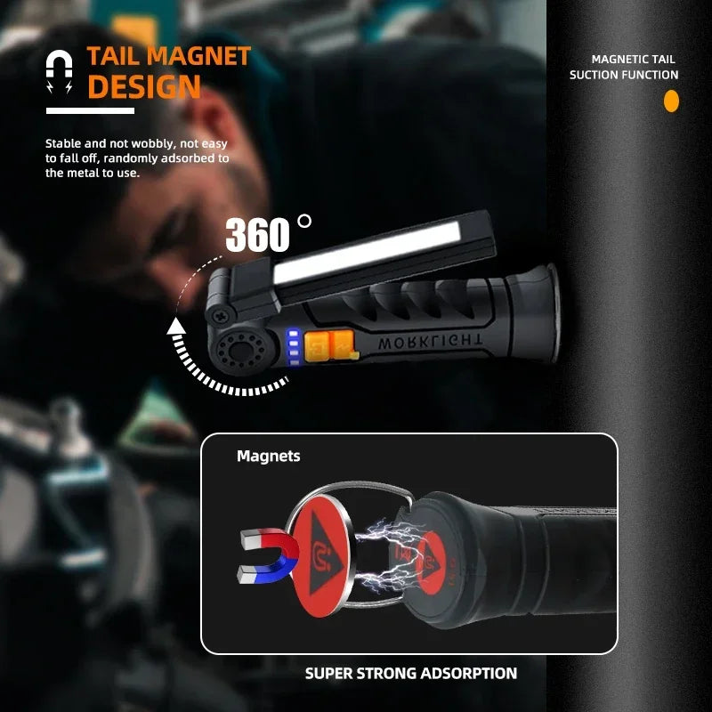 Multifunctional Rotatable Work Light, USB Rechargeable Flashlights w/ Magnet Hook,Ideal for Auto Repair Inspection and Emergency