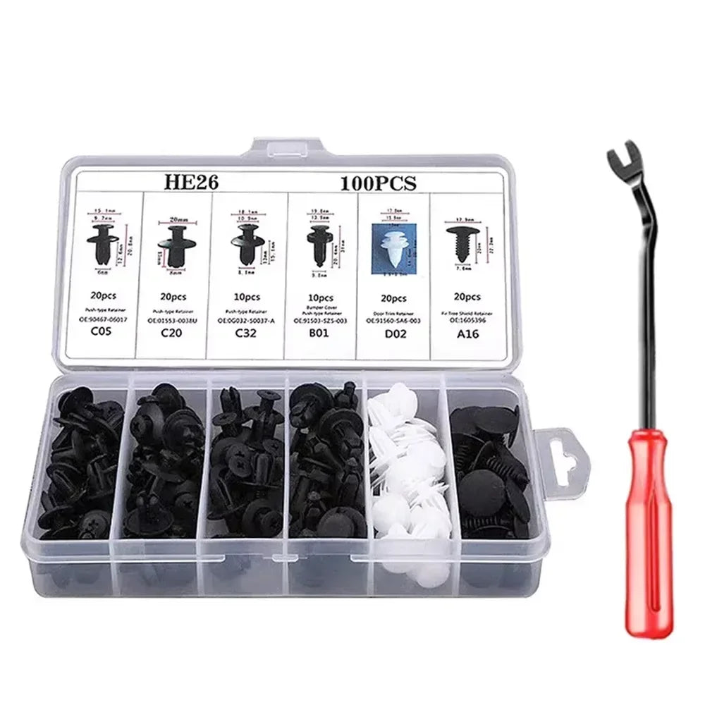 100PCS Auto Fastener Clips Kit - Multi-Size Retainers for Car Fender, Bumper, Door & Panel Trim