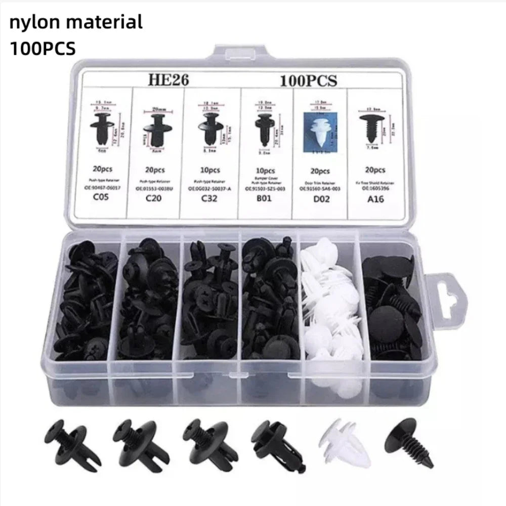 100PCS Auto Fastener Clips Kit - Multi-Size Retainers for Car Fender, Bumper, Door & Panel Trim
