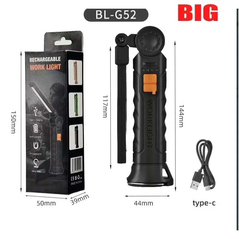 Multifunctional Rotatable Work Light, USB Rechargeable Flashlights w/ Magnet Hook,Ideal for Auto Repair Inspection and Emergency