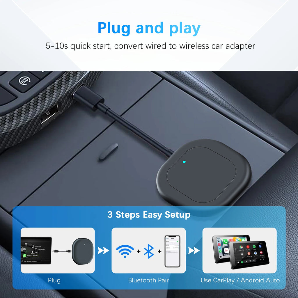 2-in-1 Wireless CarPlay Android Auto Adapter USB Dongle with Short Cable Zero Space Occupation Fits for 99% Factory Wired Cars